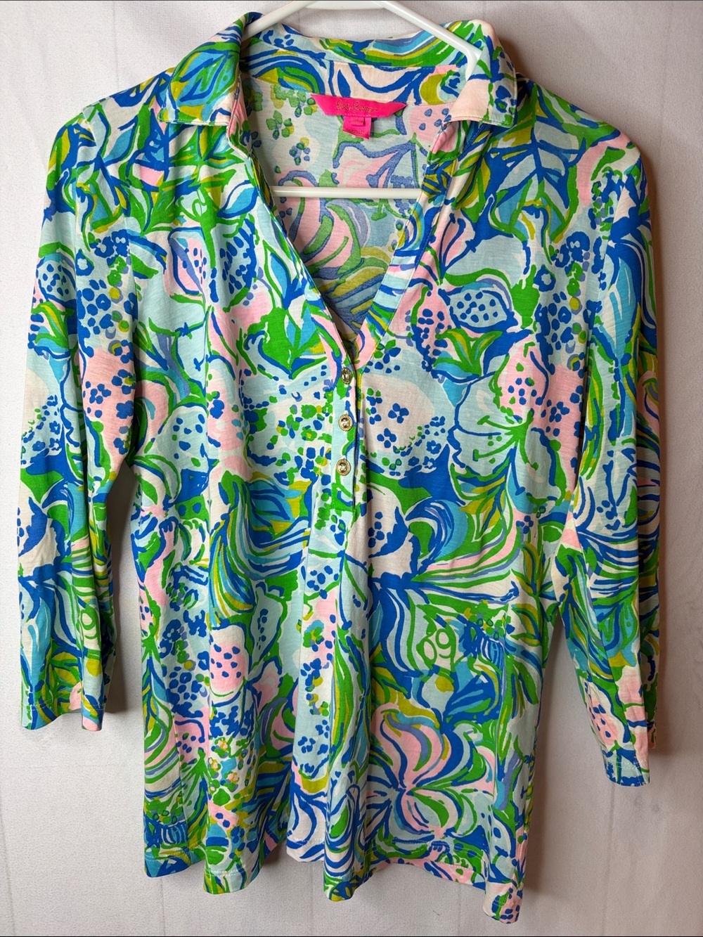 Lilly Pulitzer Floral Collared Button Front Top 3/4 Sleeve Multi Color Floral S